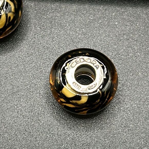 Set of Two Tedora Italy Murano Glass Sterling Silver Tiger Print Beads Charms - Picture 4 of 5